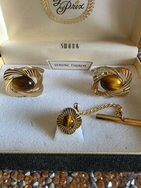 SWANK Gold-Tone Tiger's Eye Cufflinks and Tie Tack Set